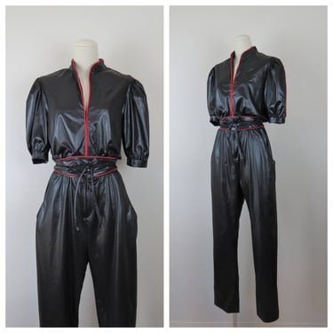 Vintage 1980s jumpsuit, wet look, puff sleeves, tapered leg, obi belt, medium, large 