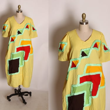 1960s Yellow, Neon Green, Red and Brown Abstract Geometric Short Sleeve Hawaiian Muu Muu Dress -2XL 