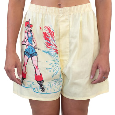 1950S Yellow Cotton Mens Pin-Up Girl Firefighter “Too Hot To Handle” Boxer Shorts 