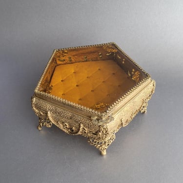 PENTAGON shape filigree jewelry box Victorian amber beveled glass lid trinket box Collectible Engagement gift Vanity decor collection 