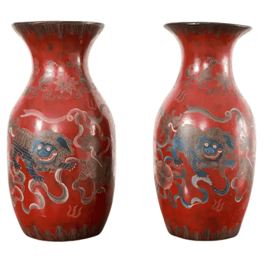 Pair of Chinese Qing Red Lacquer Foo Dog Lion Vases