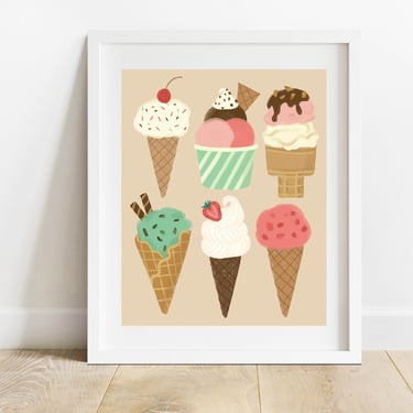 Ice Cream Cones 8X10 Art Print/ Kids Dessert Illustration/ Ice Cream Shop Wall Art/ Pastel Nursery Decor 