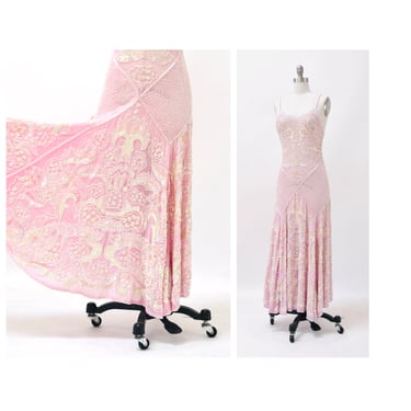 70s Vintage Pink Sequin Beaded Dress Small Art Deco inspired Beaded Dress Pink Sequin Camisole Wedding Dress Gown Made In England 24 Woman 