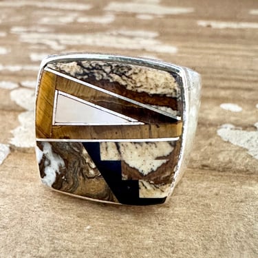 TULLY GUSTINE Navajo Multi Stone Geometric Inlay Ring Mens | Handmade Large Ring w/ Sterling Silver | Southwestern Native Jewelry | Size 12 