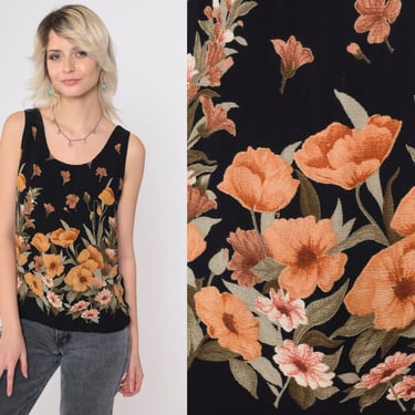 Floral Tank Top 90s Black Rayon Sleeveless Blouse Boho Shirt Hippie Bohemian Top Retro Flower Pullover Scoop Neck Vintage 1990s Small S 