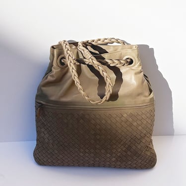 Bottega Veneta Nude Intrecciato Leather Convertible Shoulder + Tote Bag with Braided Strap Woven Minimal Beige 90s 