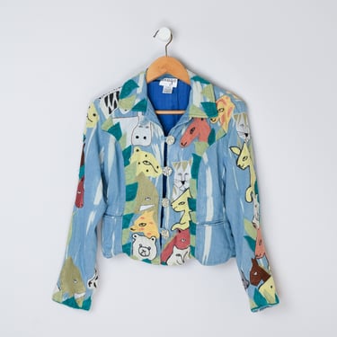 Vintage 90s Animals Embroidered Jacket - seen on Portlandia - damaged lining - hippo, lion, giraffe, zebra, elephant - Women's S 