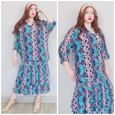 1980s Vintage Sharon Anthony Blue Southwest Print Dress / 80s Rayon Drop Waist Smocked Flapper Gown / Size Large - XL 