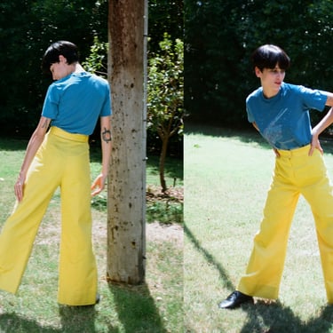 Vintage 1960s 60s Bright Yellow High Waisted Bell Bottom Flared Pants 