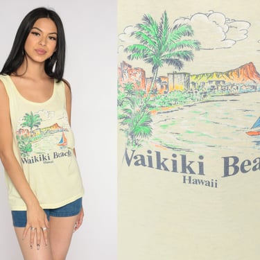 Waikiki Beach Tank Top 80s Hawaii T-Shirt Tropical Beach Palm Tree Sailboat Graphic Sleeveless Surfer Yellow Vintage 1980s Medium Large 