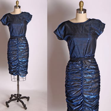 Late 1970s Early 1980s Black and Blue Metallic Lurex Ruched Cocoon Wiggle Dress -XS 