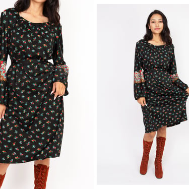 Vintage 1970s 70s Black Shift Style Delicate Floral Print Belted Midi Dress w/ Long Bell Sleeves // Plus Size 