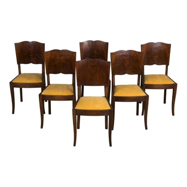 1950s French Art Deco Maple Dining Chairs W/ Golden Yellow Velvet - Set of 6 