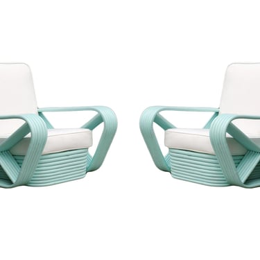 Restored Vintage Teal Square Pretzel Stacked Rattan Armchairs in Style of Paul Frankl 