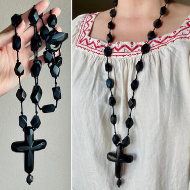 Cool Vintage Gerda Lynggaard Monies Carved Horn Oversized Rosary Cross Necklace 