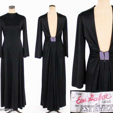 1970s Black Evening Dress  | 70s Black Knit Maxi Dress | Black Backless Evening Dress | The Eva Gabor Look By ESTÉVEZ | MEDIUM 