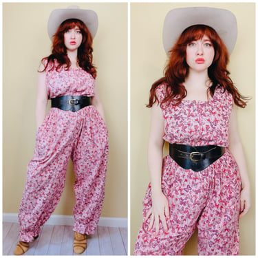 1990s Vintage Pink Cotton Butterfly Jumpsuit / 90s Zipper Front Ruffled Bloom Playsuit / XXL 