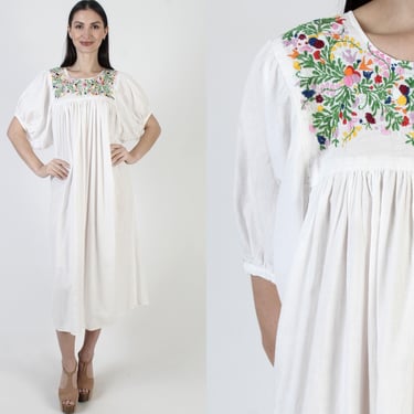 White Mexican Kaftan Dress, South American Cotton Caftan, Hand Embroidered Floral Maxi, Womens Ethnic Maxi 