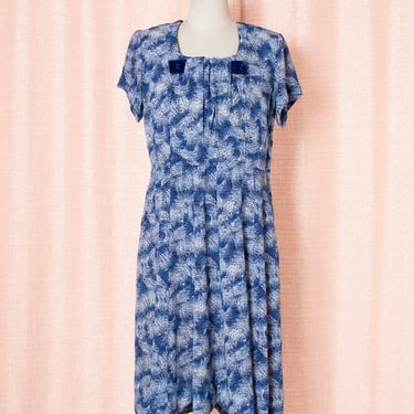 AS-IS *** Vintage 1940s 40s Rayon Novelty Printed Brushstroke Blue Evening Cocktail Sheath Dress (large) 