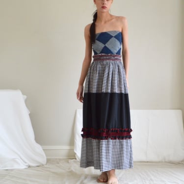 gingham 70s western maxi skirt with ruffle and smocked waist 