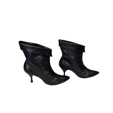 Enzel Of Paris 1950's Black Leather Kitten Heel Stiletto Heels Ankle Boots I Sz 6.5