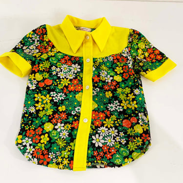 Vintage JCPenney Carol Evans Shirt Flower Power Short Sleeve Button Front Kids Toddler Childrens Shirt 6X 1960s 