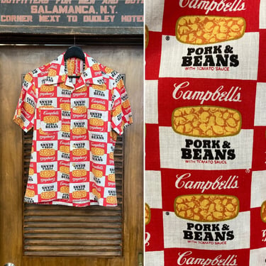 Vintage 1960’s Custom Campbell’s Warhol Pop Art Style Cartoon Print Shirt, 60’s Camp Collar, Vintage Clothing 