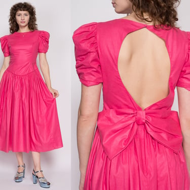 Medium 80s Pink Keyhole Back Fit & Flare Party Dress | Vintage Puff Sleeve Formal Bow Midi Prom Gown 