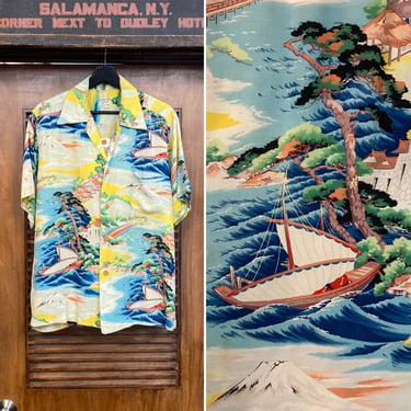 Vintage 1950’s Japan Asian Design Crepe Hawaiian Shirt, 50’s Vintage Clothing 