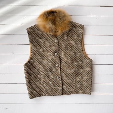 waistcoat vest | 60s 70s vintage red fox fur collar brown olive green dark academia fitted cropped vest 