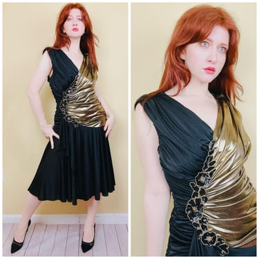 1980s Vintage Filligree Gold and Black Two Tone Ruched Dress / 80s Flapper Vibes Floral Poly Knit Party Dress / Size Large 