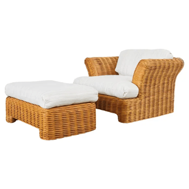 Michael Taylor Style Organic Modern Rattan Lounge Chair Ottoman