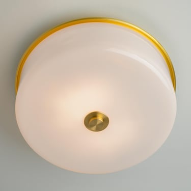 Modern Flush Mount Ceiling Light - 14 Inch Round Opal White Hand Blown Glass Shade - Made In USA 