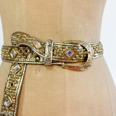 1980s Metallic Gold Leather Belt | 80s Gold Narrow Fancy Belt 