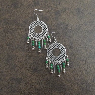 Chandelier earrings, boho chic earrings, ethnic earrings, gypsy earrings, bohemian earrings, Kelly green, antique silver earrings, artisan 