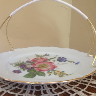 Vintage Pretty West Germany Bavarian China Plate with Carrying Handle Pretty Flowers and Gold Trim 