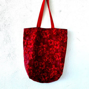 Vintage Hawaiian Red Floral Tote Bag // Hawaii Reversible Black Shoulder Purse Top Handle Bag 