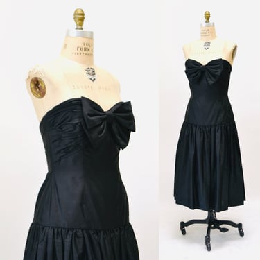 80s 90s Vintage Black Strapless Party Dress 90s Glam Prom Pageant Bridesmaid Cocktail Dress Medium Large Silk Strapless Dress 