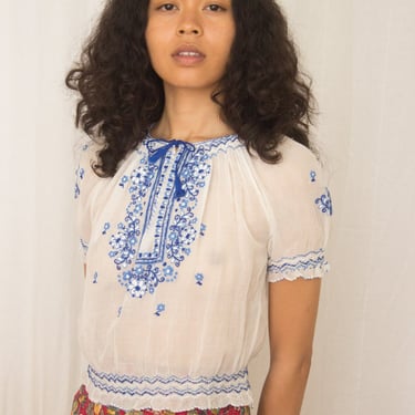 1930s Hungarian Blue Embroidered Cotton Voile Peasant Top 