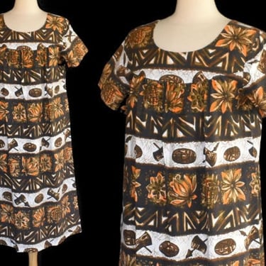 Vintage 60s Hawaiian Batik Dress, Brown and White Tiki War Drums Print, 1960s Cotton Muu Muu, Size L Large 