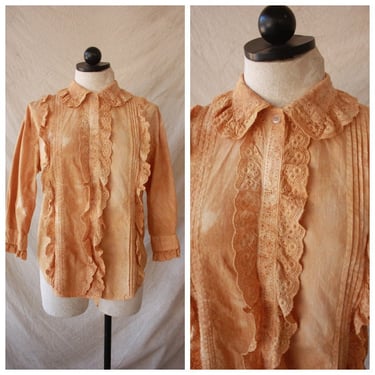 80s 90s Apricot Overdyed Cotton Romantic Blouse Eyelet Lace Ruffly Size S / M 