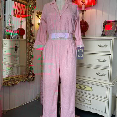 vintage 1980s pink cotton jumpsuit splatter paint 80s fashion pantsuit med retro 