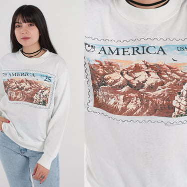 Puas America Stamp Sweatshirt 90s Grand Canyon Sweatshirt 25 Cent Stamp Slouchy Sweat Shirt Vintage 1990s White Distressed Small Medium 