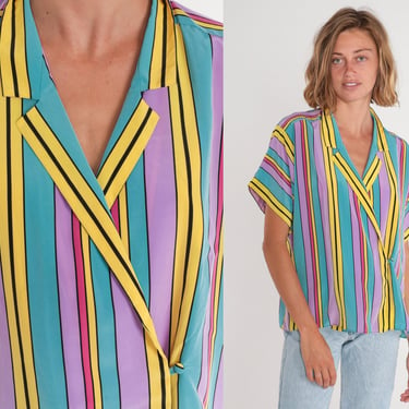 Striped Wrap Top 80s Blouse Collared V Neck Button Up Top Boho Short Sleeve V Neck Shirt Retro Purple Yellow Pink Blue Vintage 1980s Large L 