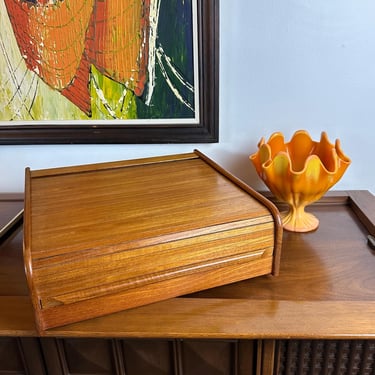 Mid Century Solid Teak Tambour Roll-Top Desk Organizer 