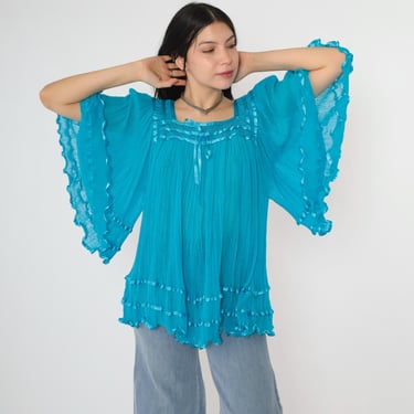 Gauze Angel Sleeve Top 90s Boho Blouse Blue Crochet Trim Mexican Lace Hippie Tent Summer Festival Vintage 1990s Tunic Medium Large 