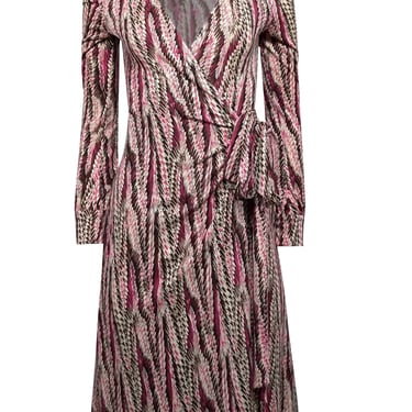 Diane von Furstenberg - Cream, maroon, & Pink Print Silk Wrap Dress Sz 2