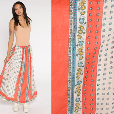 Floral Bohemian Skirt Maxi 70s Long Skirt Orange White High Waist Hippie 1970s Boho Vintage Bohemian Retro Medium 