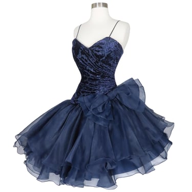 Vintage 80s Navy Prom Party Dress XS S Dark Blue Velvet Burnout Full Skirt Bow Sparkle Chiffon Extra Small Spaghetti Straps Bow Formal Dance 