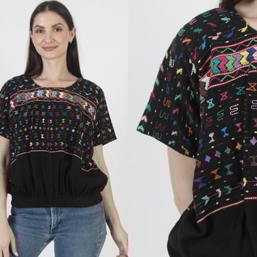 Black Woven Guatemalan Tunic, Ethnic Mexican Top, Hand Embroidered Blouse, South American Shirt 